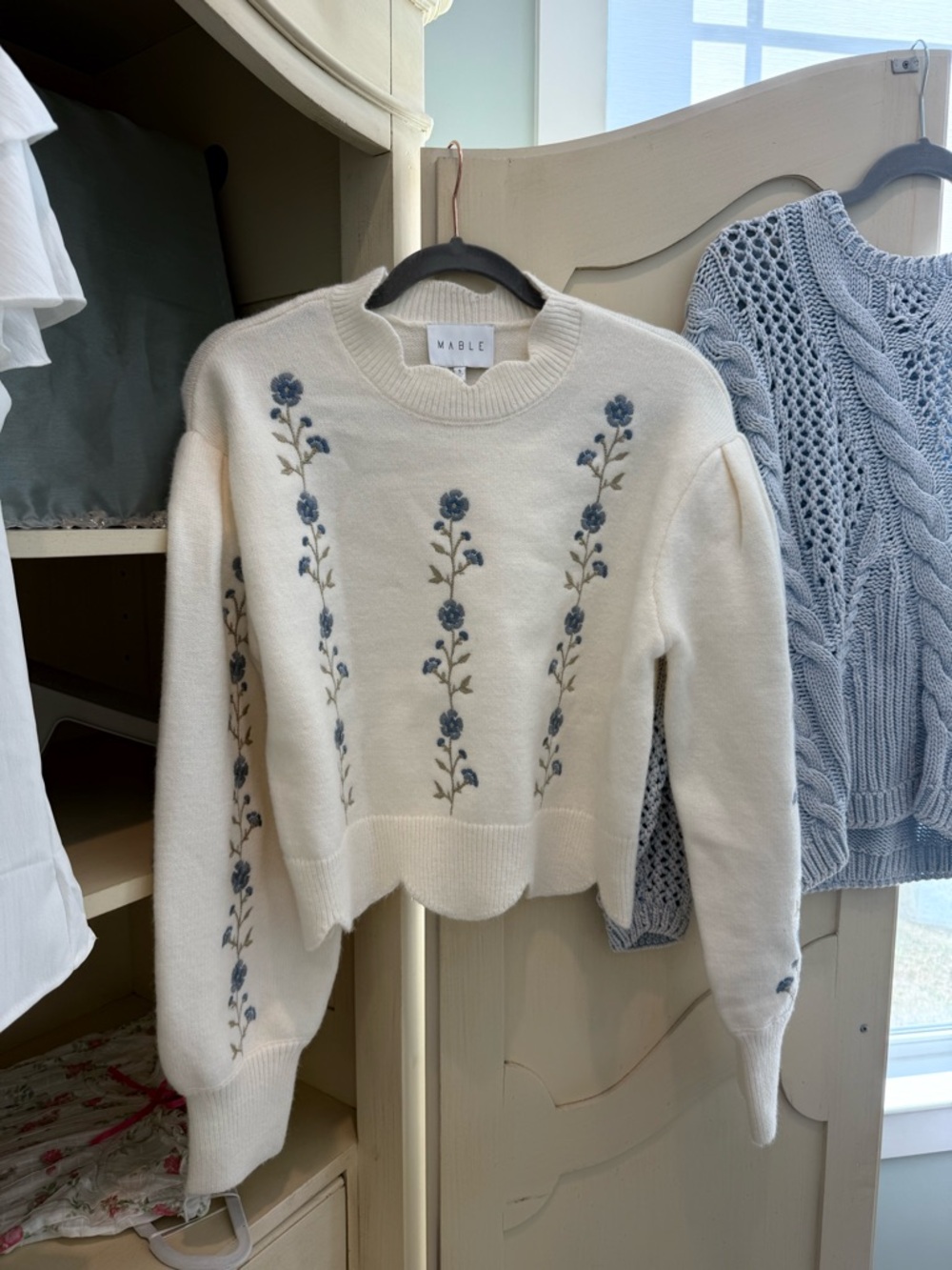 MABLE Cream Crewneck Sweater with Blue Floral Embroidery